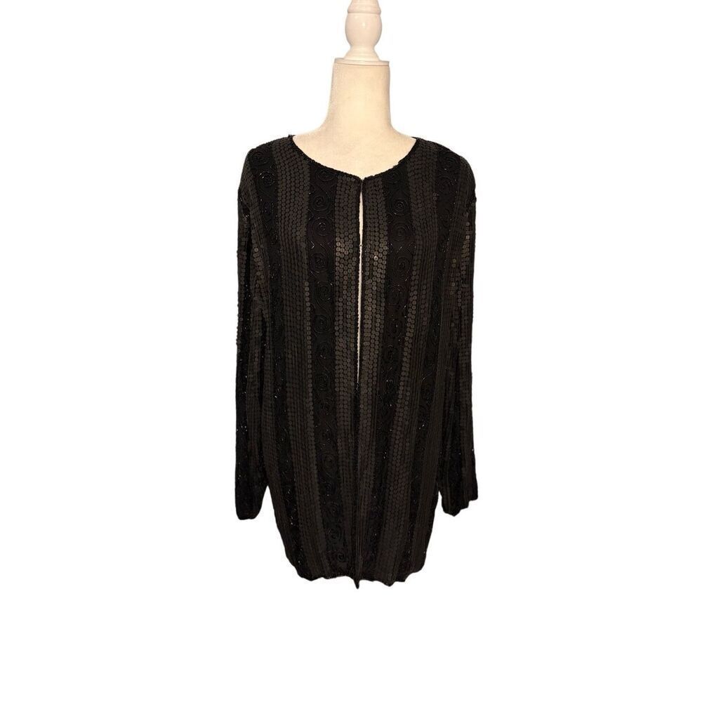 NWT Vintage Jewel Queen black sequined open front long cardigan - XL
